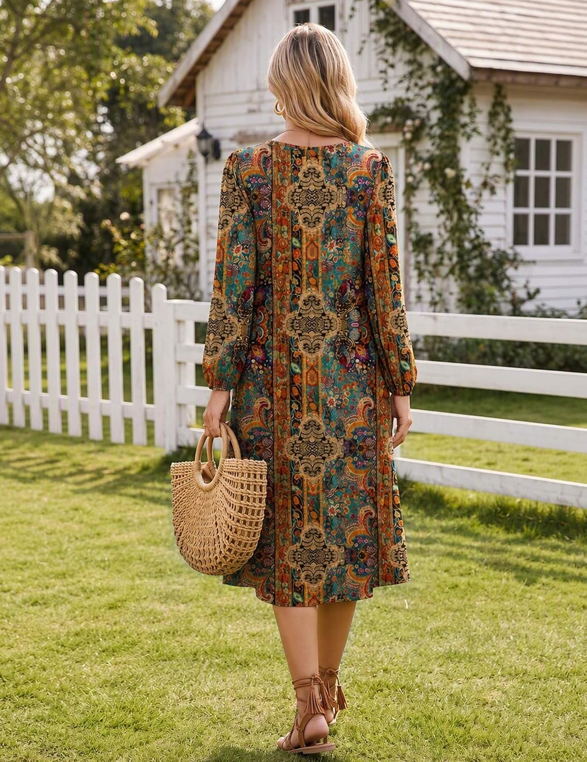 image:imageZeagoo Fall Dresses for Women Long Sleeve Midi Dress Casual A Line Dresses 2026 Pleated Flare Dress with PocketsChic Brown Printed