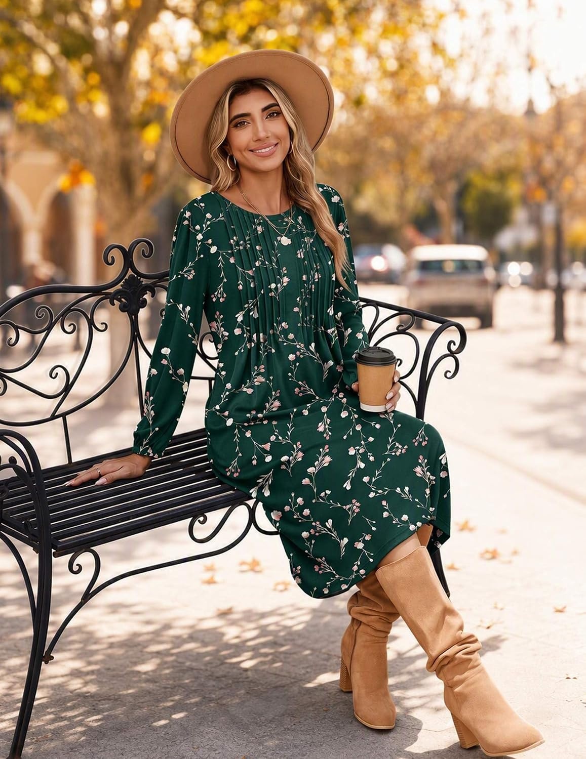 image:imageZeagoo Fall Dresses for Women Long Sleeve Midi Dress Casual A Line Dresses 2026 Pleated Flare Dress with PocketsDeep Green Floral