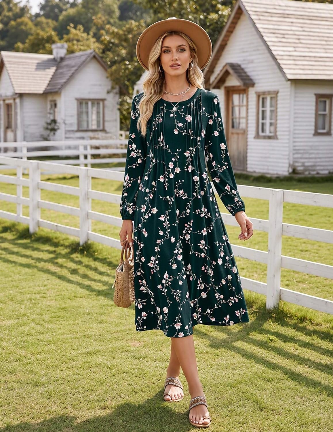 image:imageZeagoo Fall Dresses for Women Long Sleeve Midi Dress Casual A Line Dresses 2026 Pleated Flare Dress with PocketsDeep Green Floral