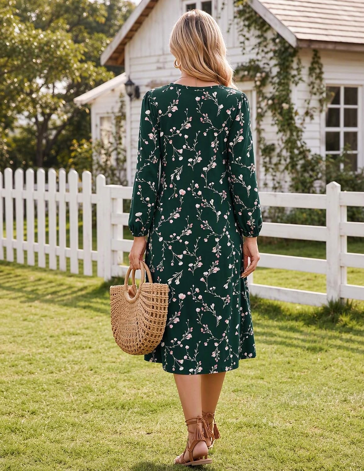 image:imageZeagoo Fall Dresses for Women Long Sleeve Midi Dress Casual A Line Dresses 2026 Pleated Flare Dress with PocketsDeep Green Floral