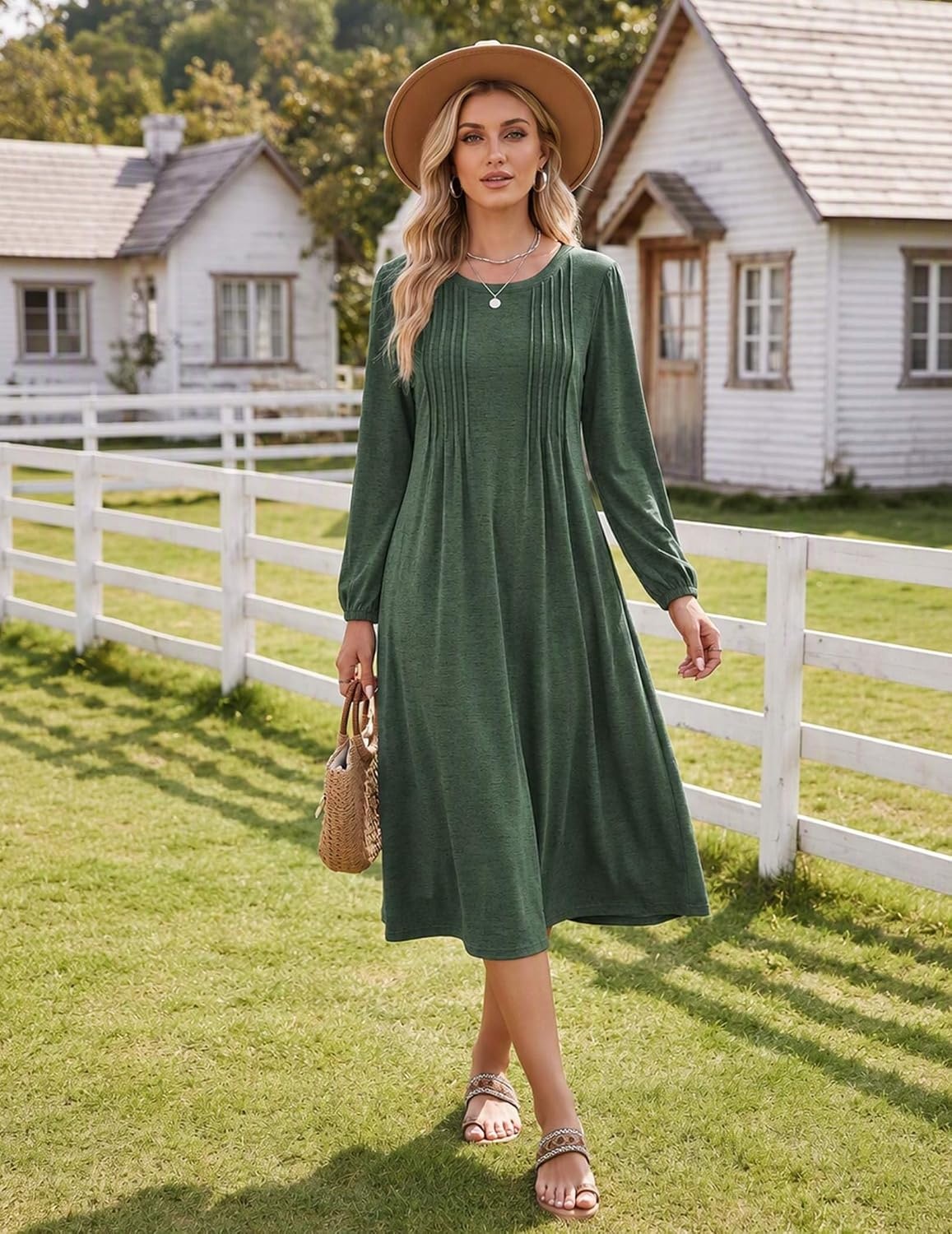 image:imageZeagoo Fall Dresses for Women Long Sleeve Midi Dress Casual A Line Dresses 2026 Pleated Flare Dress with PocketsDusty Green