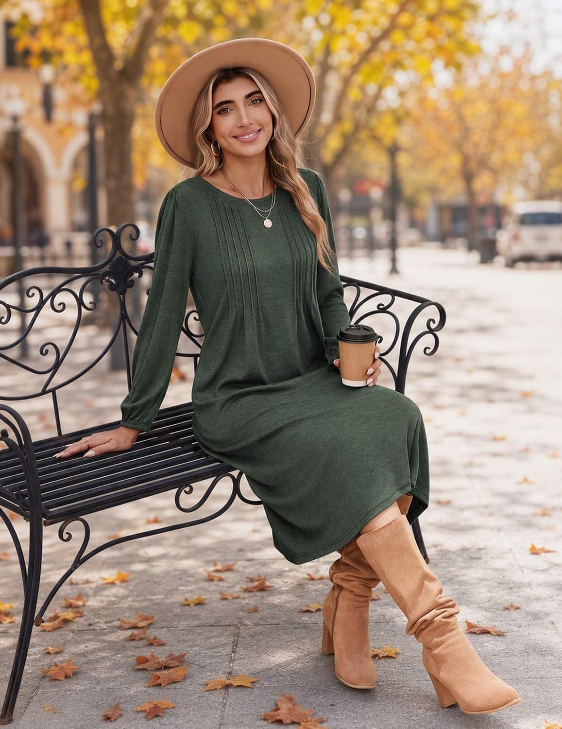 image:imageZeagoo Fall Dresses for Women Long Sleeve Midi Dress Casual A Line Dresses 2026 Pleated Flare Dress with PocketsDusty Green