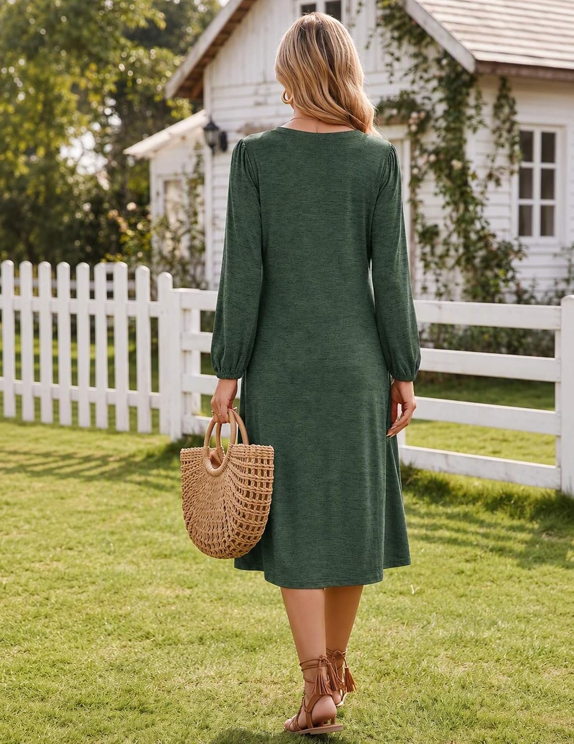 image:imageZeagoo Fall Dresses for Women Long Sleeve Midi Dress Casual A Line Dresses 2026 Pleated Flare Dress with PocketsDusty Green
