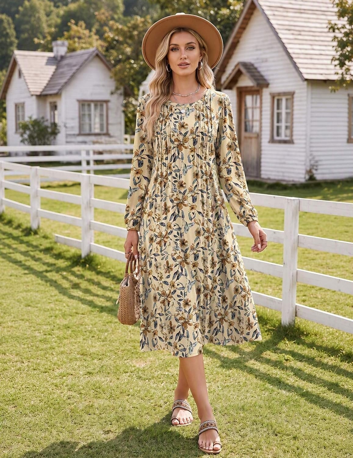 image:imageZeagoo Fall Dresses for Women Long Sleeve Midi Dress Casual A Line Dresses 2026 Pleated Flare Dress with PocketsKhaki Floral