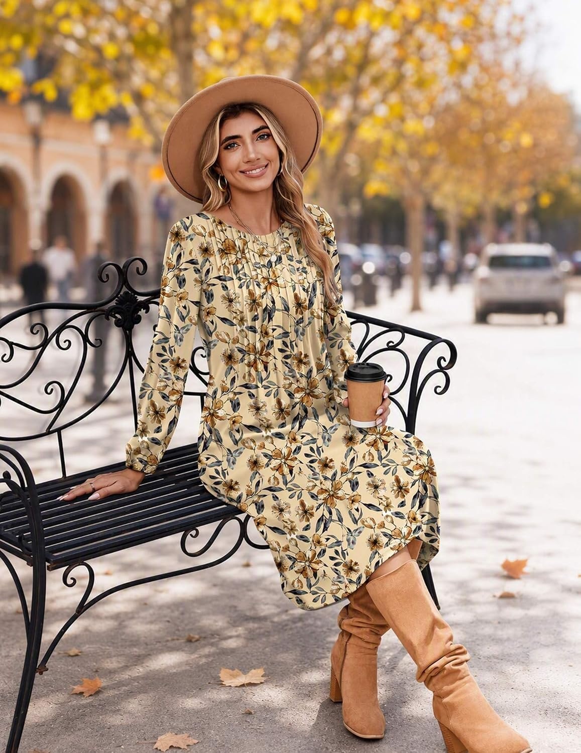 image:imageZeagoo Fall Dresses for Women Long Sleeve Midi Dress Casual A Line Dresses 2026 Pleated Flare Dress with PocketsKhaki Floral