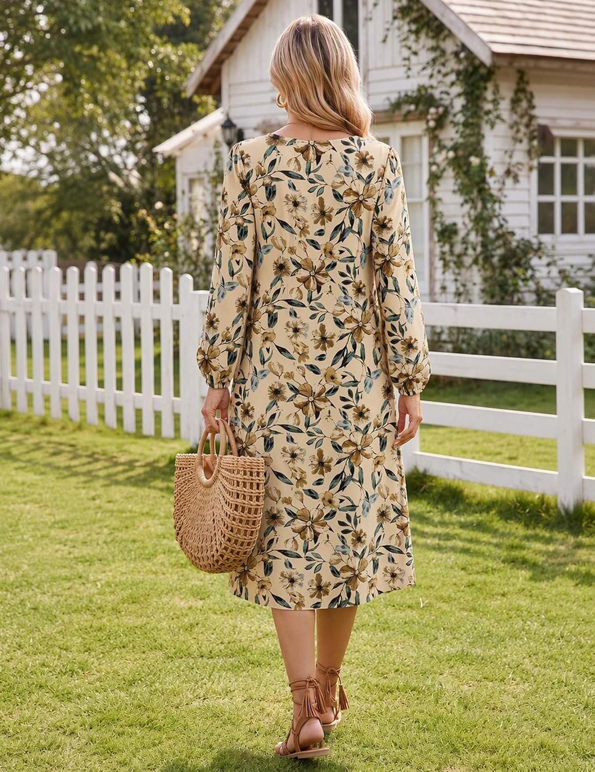 image:imageZeagoo Fall Dresses for Women Long Sleeve Midi Dress Casual A Line Dresses 2026 Pleated Flare Dress with PocketsKhaki Floral