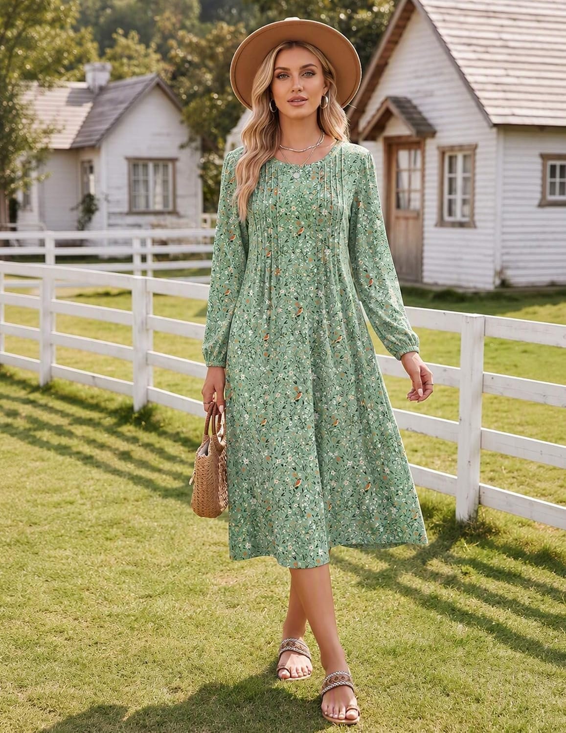 image:imageZeagoo Fall Dresses for Women Long Sleeve Midi Dress Casual A Line Dresses 2026 Pleated Flare Dress with PocketsLight Green Floral