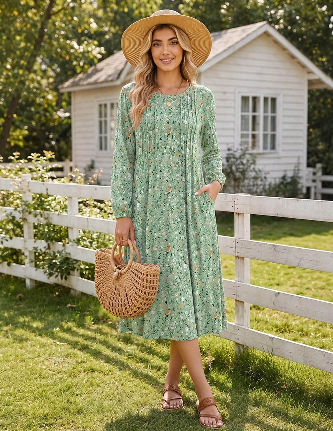 image:imageZeagoo Fall Dresses for Women Long Sleeve Midi Dress Casual A Line Dresses 2026 Pleated Flare Dress with PocketsLight Green Floral