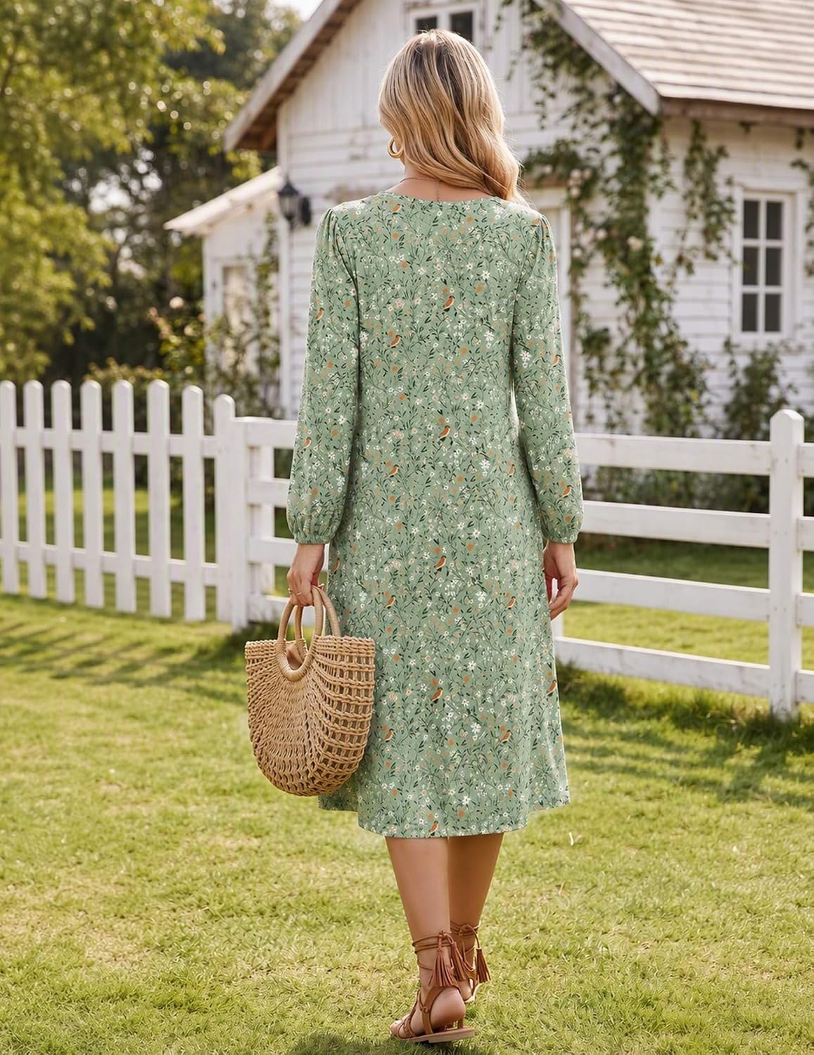 image:imageZeagoo Fall Dresses for Women Long Sleeve Midi Dress Casual A Line Dresses 2026 Pleated Flare Dress with PocketsLight Green Floral
