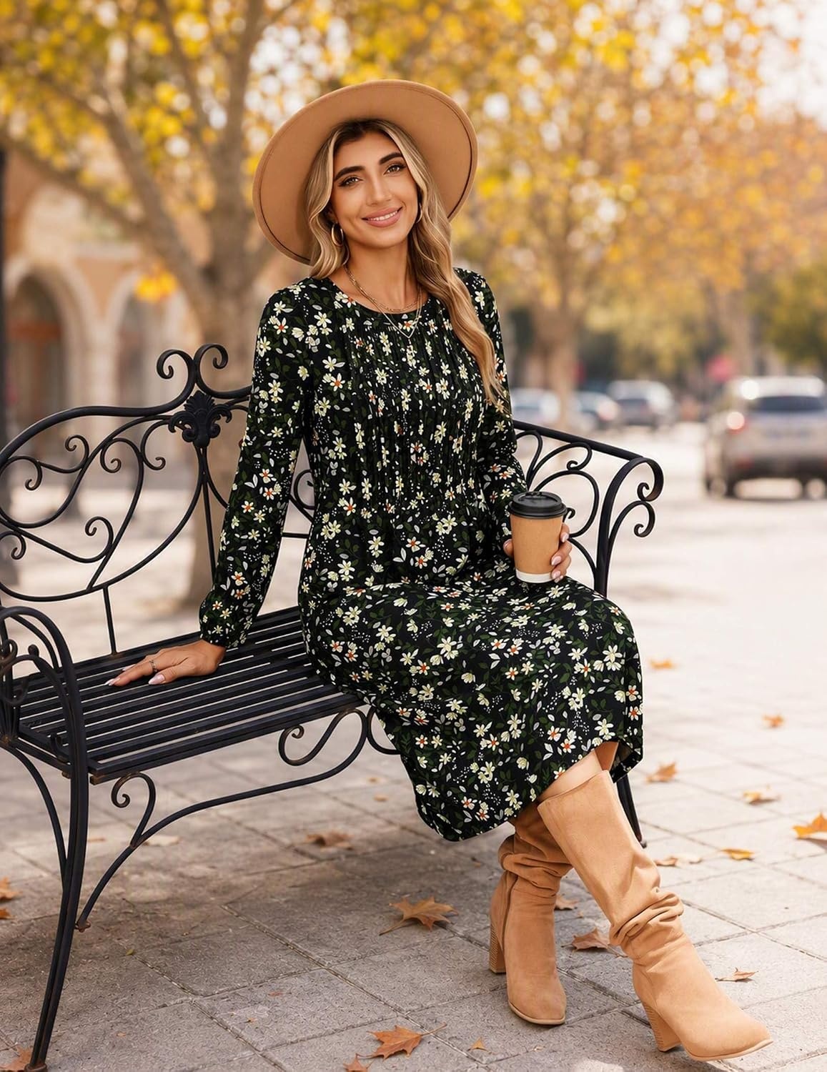 image:imageZeagoo Fall Dresses for Women Long Sleeve Midi Dress Casual A Line Dresses 2026 Pleated Flare Dress with PocketsLittle Green Flower