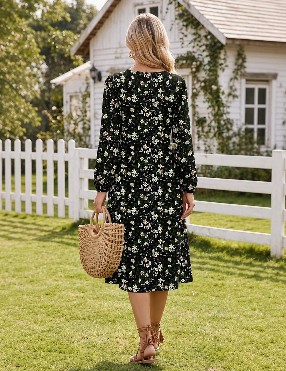 image:imageZeagoo Fall Dresses for Women Long Sleeve Midi Dress Casual A Line Dresses 2026 Pleated Flare Dress with PocketsLittle Green Flower