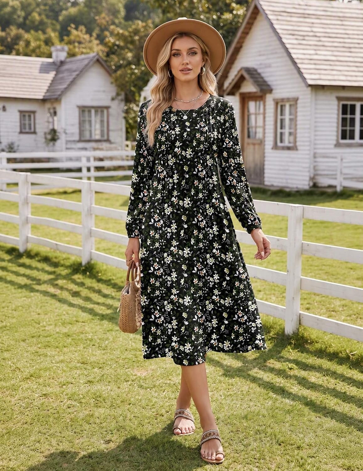 image:imageZeagoo Fall Dresses for Women Long Sleeve Midi Dress Casual A Line Dresses 2026 Pleated Flare Dress with PocketsLittle Green Flower