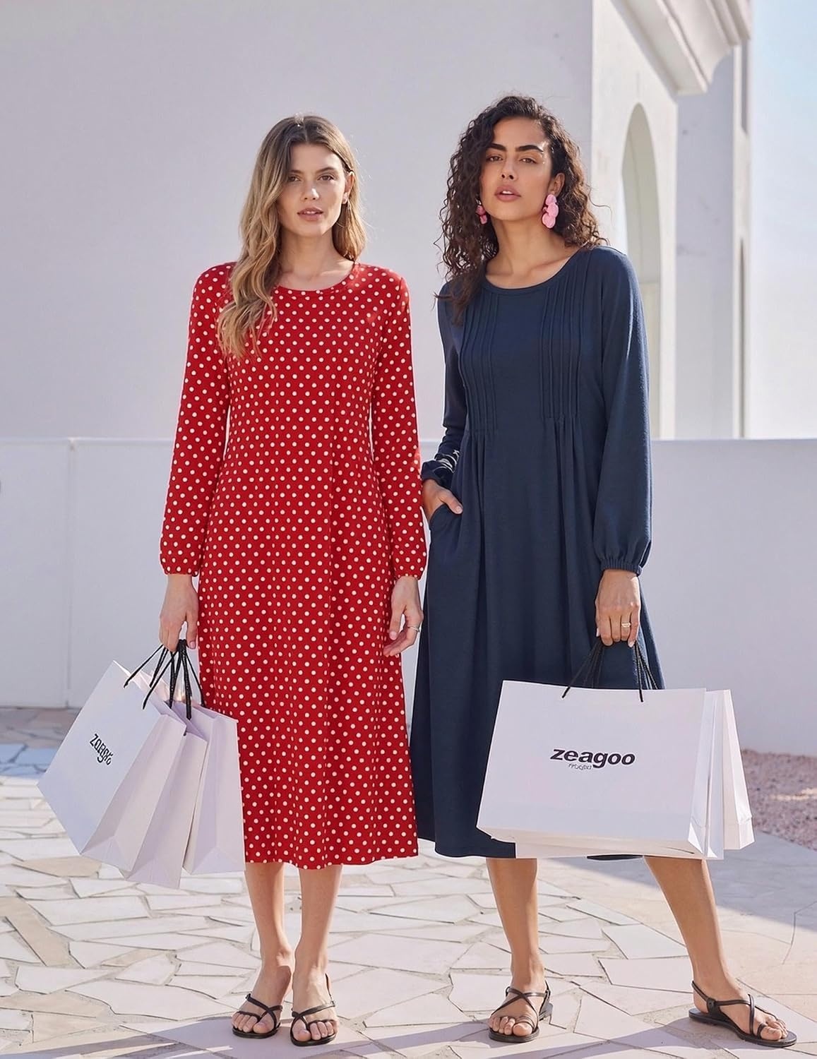 image:imageZeagoo Fall Dresses for Women Long Sleeve Midi Dress Casual A Line Dresses 2026 Pleated Flare Dress with PocketsNavy Blue
