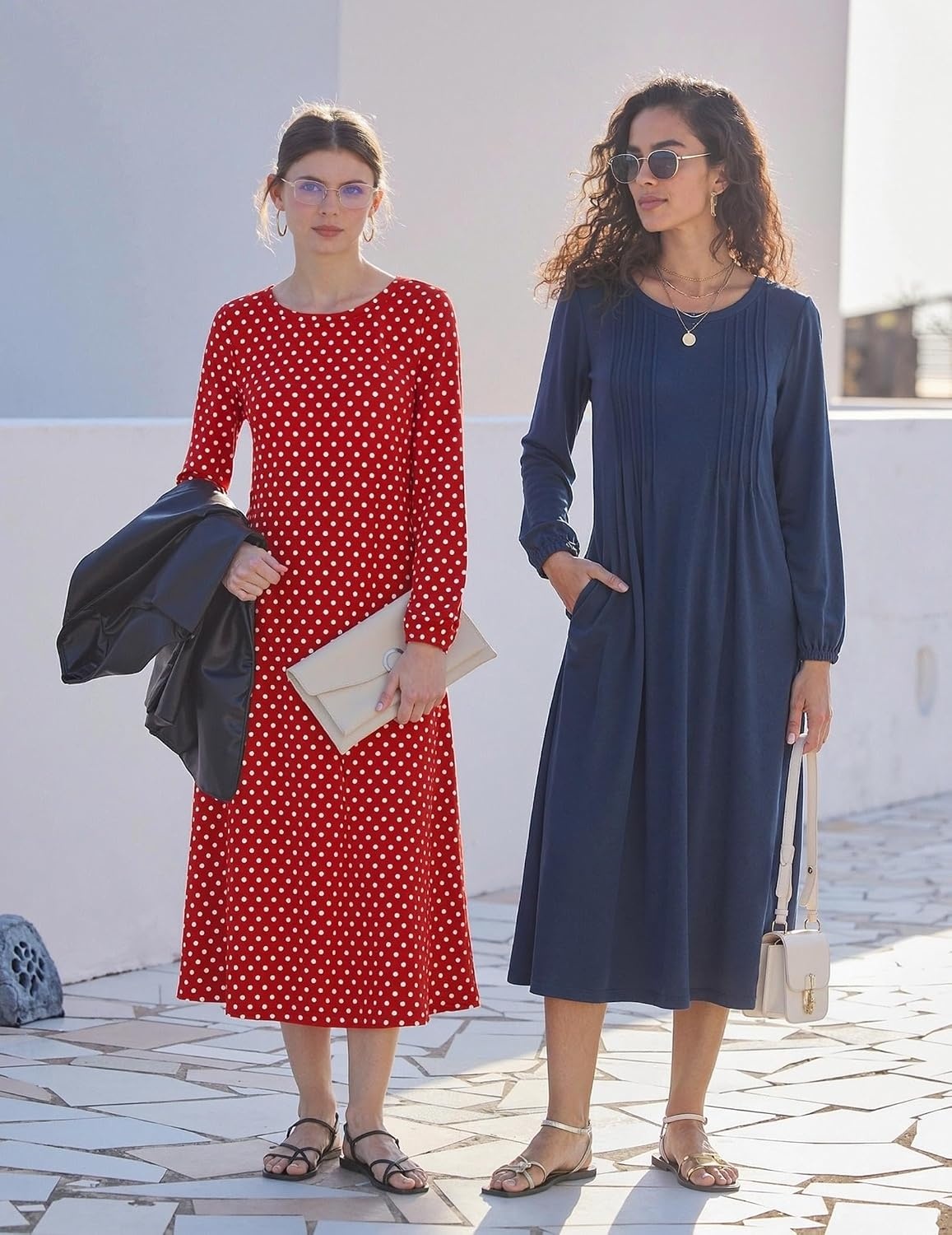 image:imageZeagoo Fall Dresses for Women Long Sleeve Midi Dress Casual A Line Dresses 2026 Pleated Flare Dress with PocketsNavy Blue