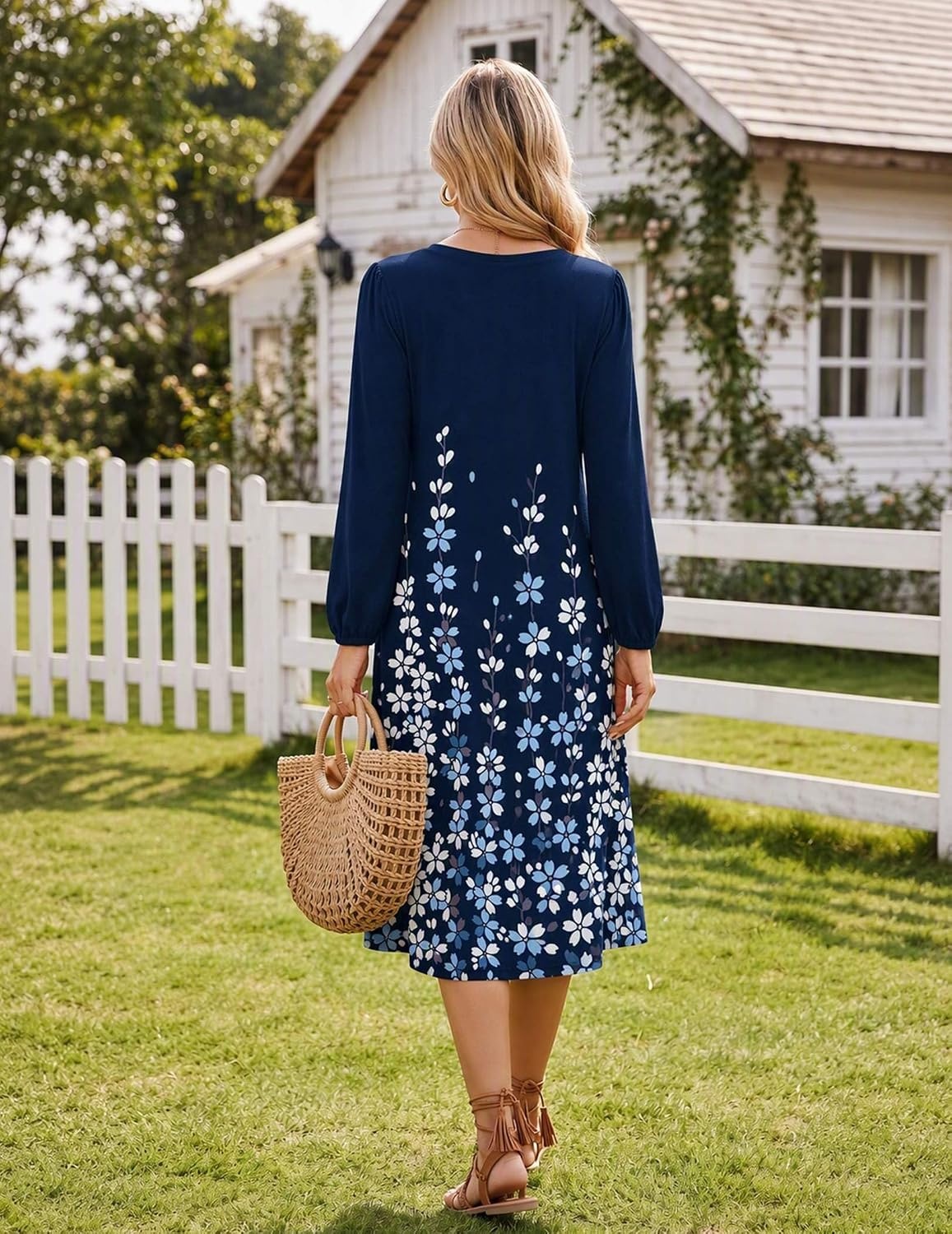 image:imageZeagoo Fall Dresses for Women Long Sleeve Midi Dress Casual A Line Dresses 2026 Pleated Flare Dress with PocketsNavy Floral