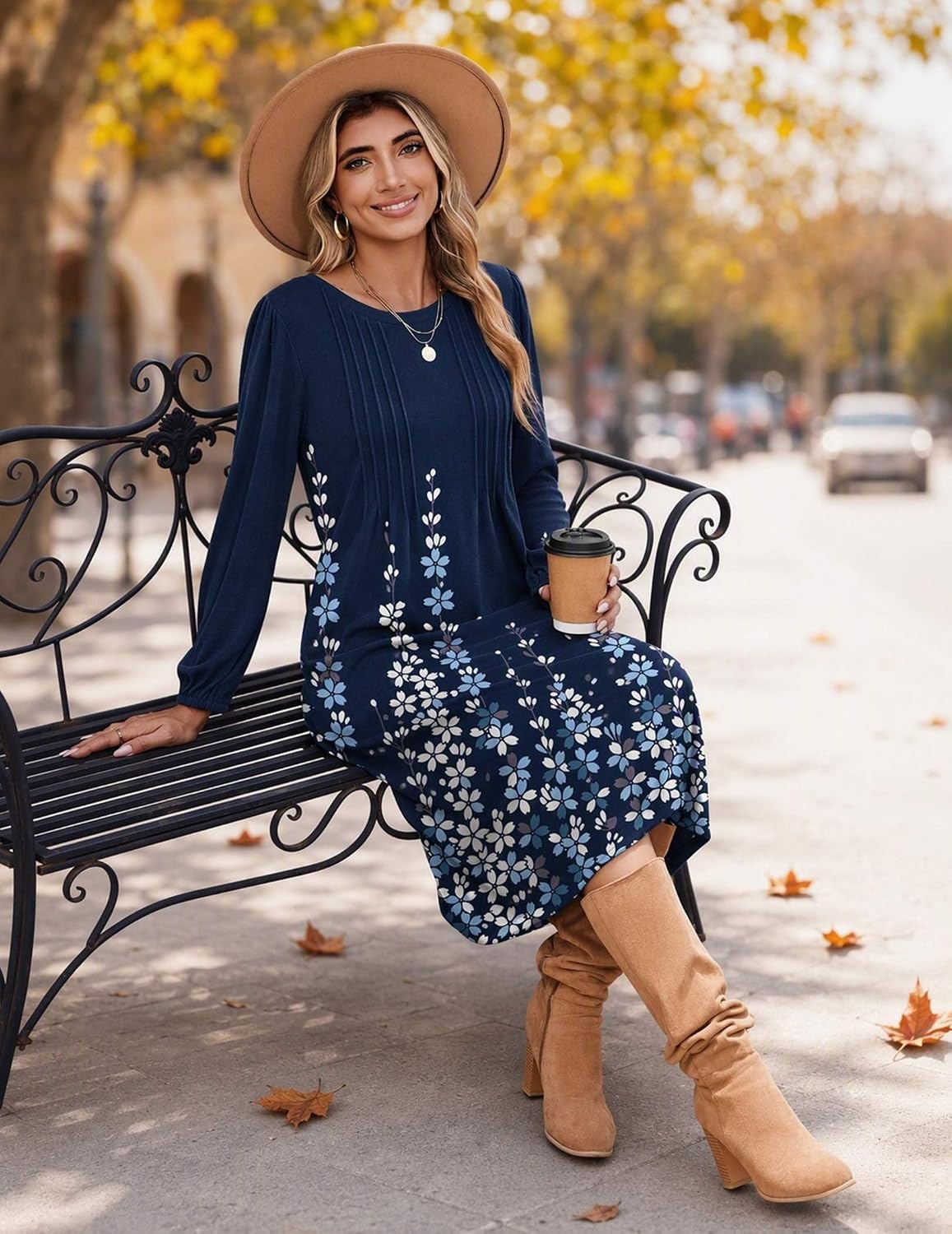 image:imageZeagoo Fall Dresses for Women Long Sleeve Midi Dress Casual A Line Dresses 2026 Pleated Flare Dress with PocketsNavy Floral