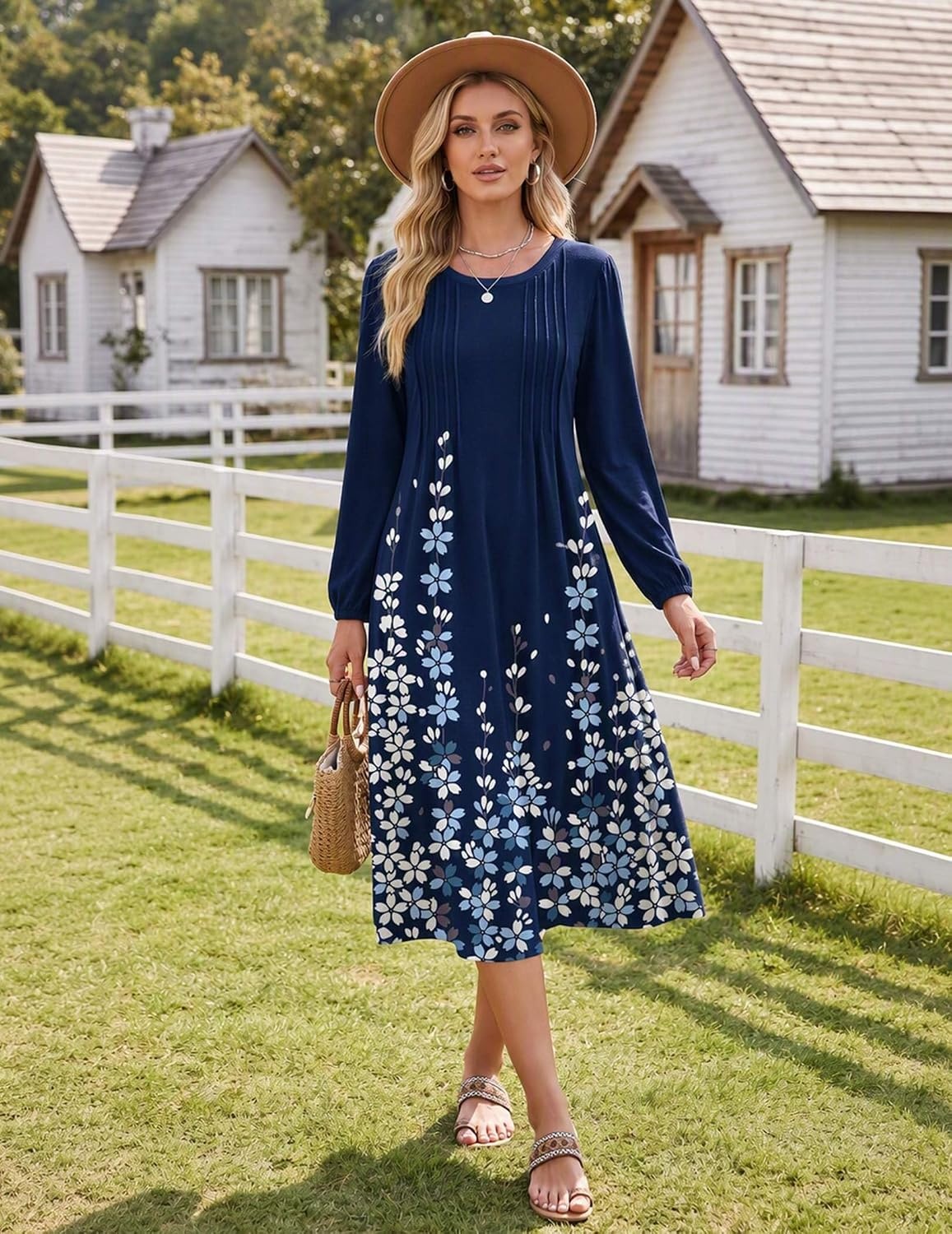 image:imageZeagoo Fall Dresses for Women Long Sleeve Midi Dress Casual A Line Dresses 2026 Pleated Flare Dress with PocketsNavy Floral