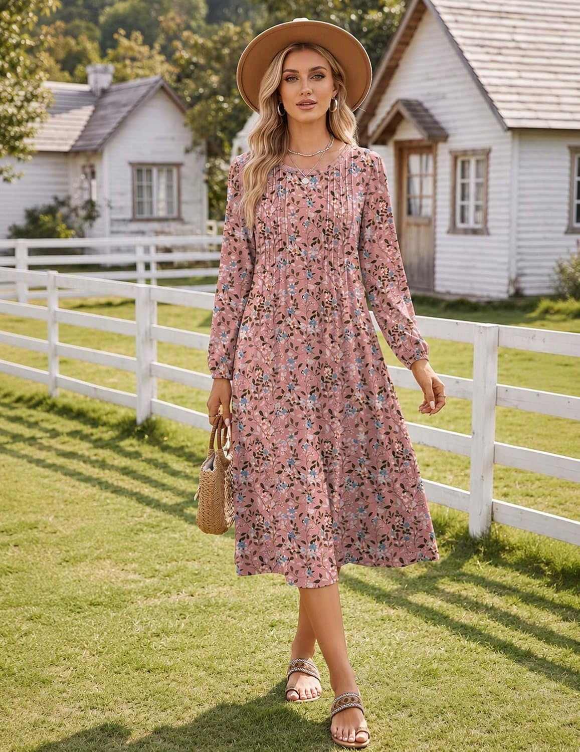 image:imageZeagoo Fall Dresses for Women Long Sleeve Midi Dress Casual A Line Dresses 2026 Pleated Flare Dress with PocketsPink Floral