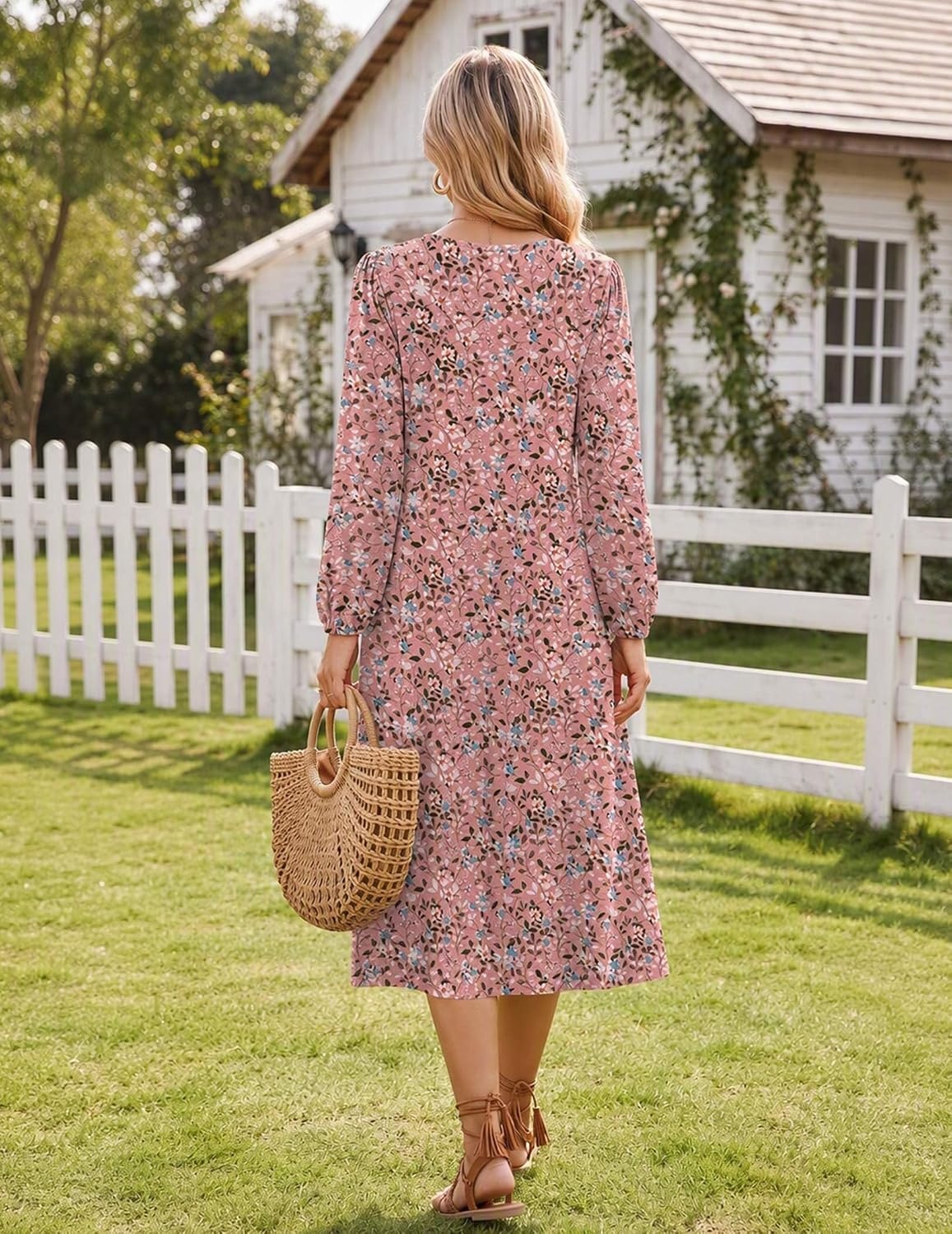 image:imageZeagoo Fall Dresses for Women Long Sleeve Midi Dress Casual A Line Dresses 2026 Pleated Flare Dress with PocketsPink Floral