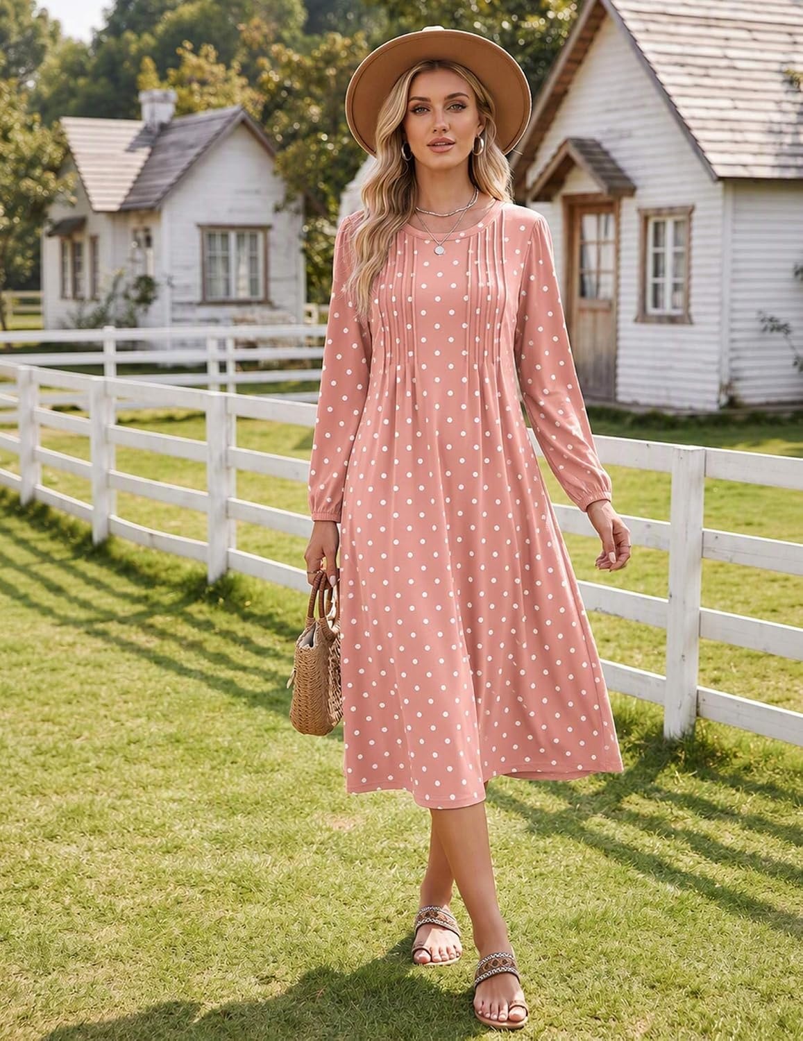 image:imageZeagoo Fall Dresses for Women Long Sleeve Midi Dress Casual A Line Dresses 2026 Pleated Flare Dress with PocketsPink Polka Dot