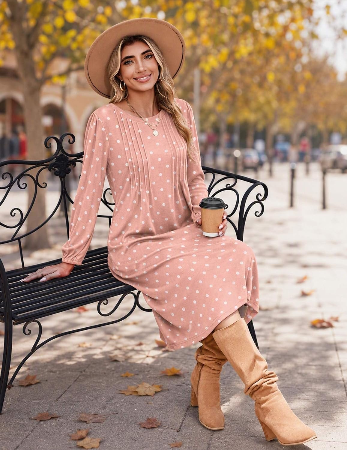 image:imageZeagoo Fall Dresses for Women Long Sleeve Midi Dress Casual A Line Dresses 2026 Pleated Flare Dress with PocketsPink Polka Dot