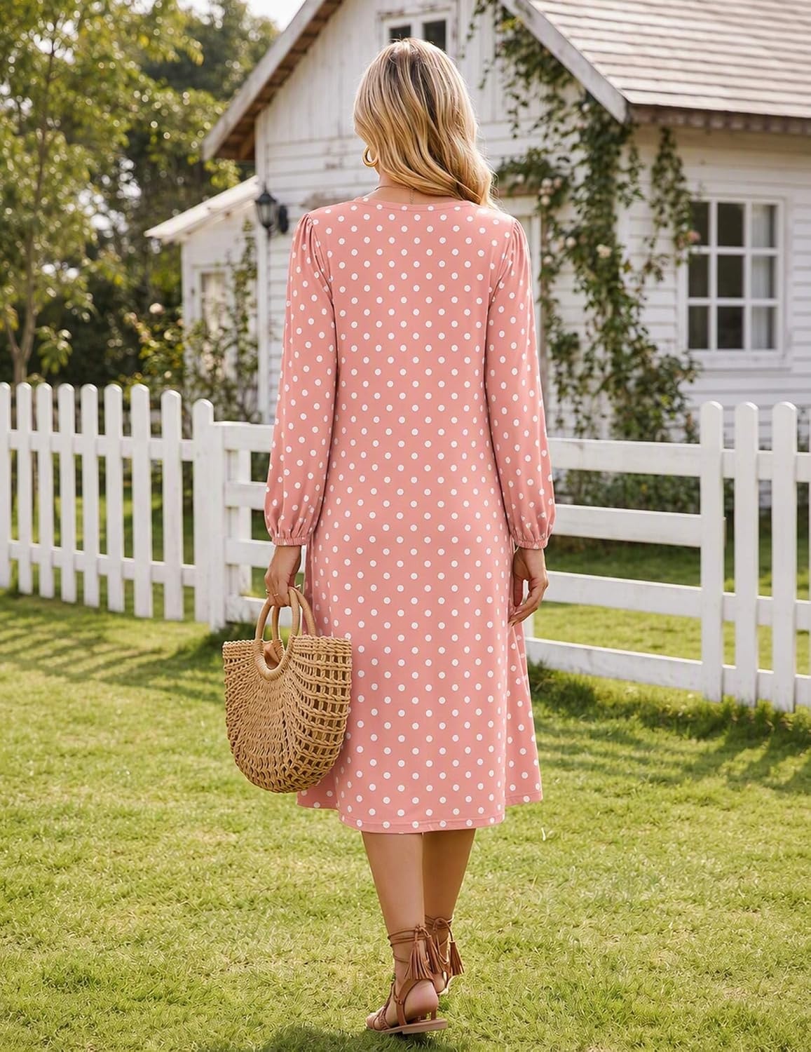 image:imageZeagoo Fall Dresses for Women Long Sleeve Midi Dress Casual A Line Dresses 2026 Pleated Flare Dress with PocketsPink Polka Dot