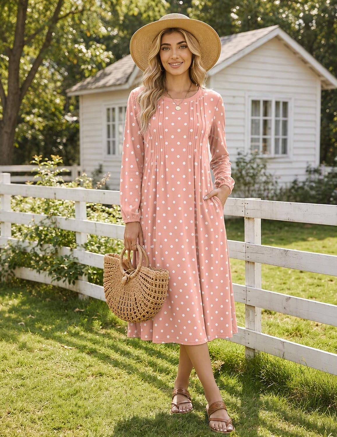 image:imageZeagoo Fall Dresses for Women Long Sleeve Midi Dress Casual A Line Dresses 2026 Pleated Flare Dress with PocketsPink Polka Dot