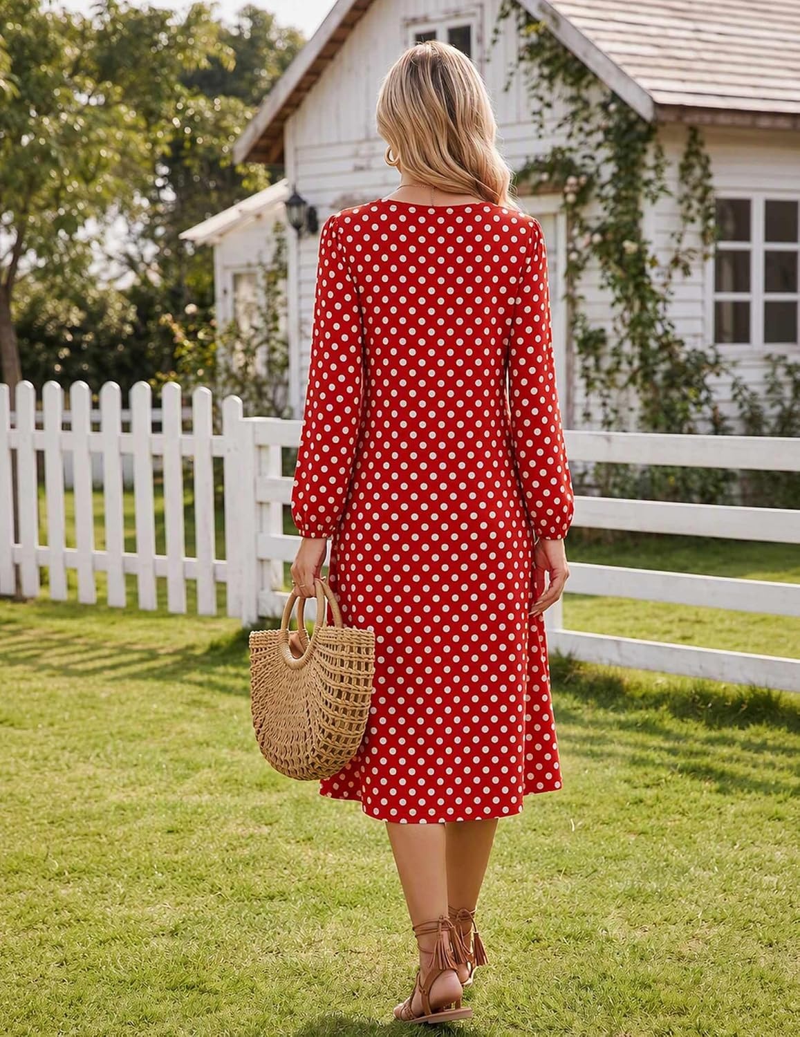 image:imageZeagoo Fall Dresses for Women Long Sleeve Midi Dress Casual A Line Dresses 2026 Pleated Flare Dress with PocketsRed Polka Dot