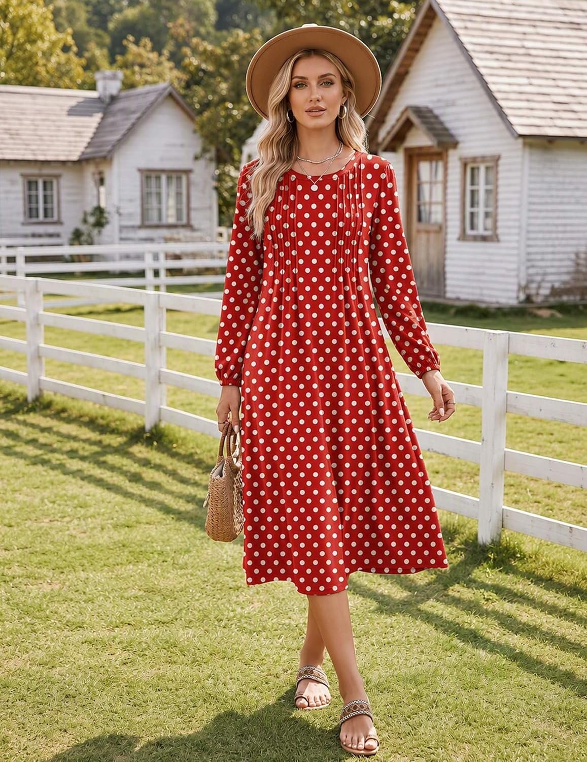 image:imageZeagoo Fall Dresses for Women Long Sleeve Midi Dress Casual A Line Dresses 2026 Pleated Flare Dress with PocketsRed Polka Dot