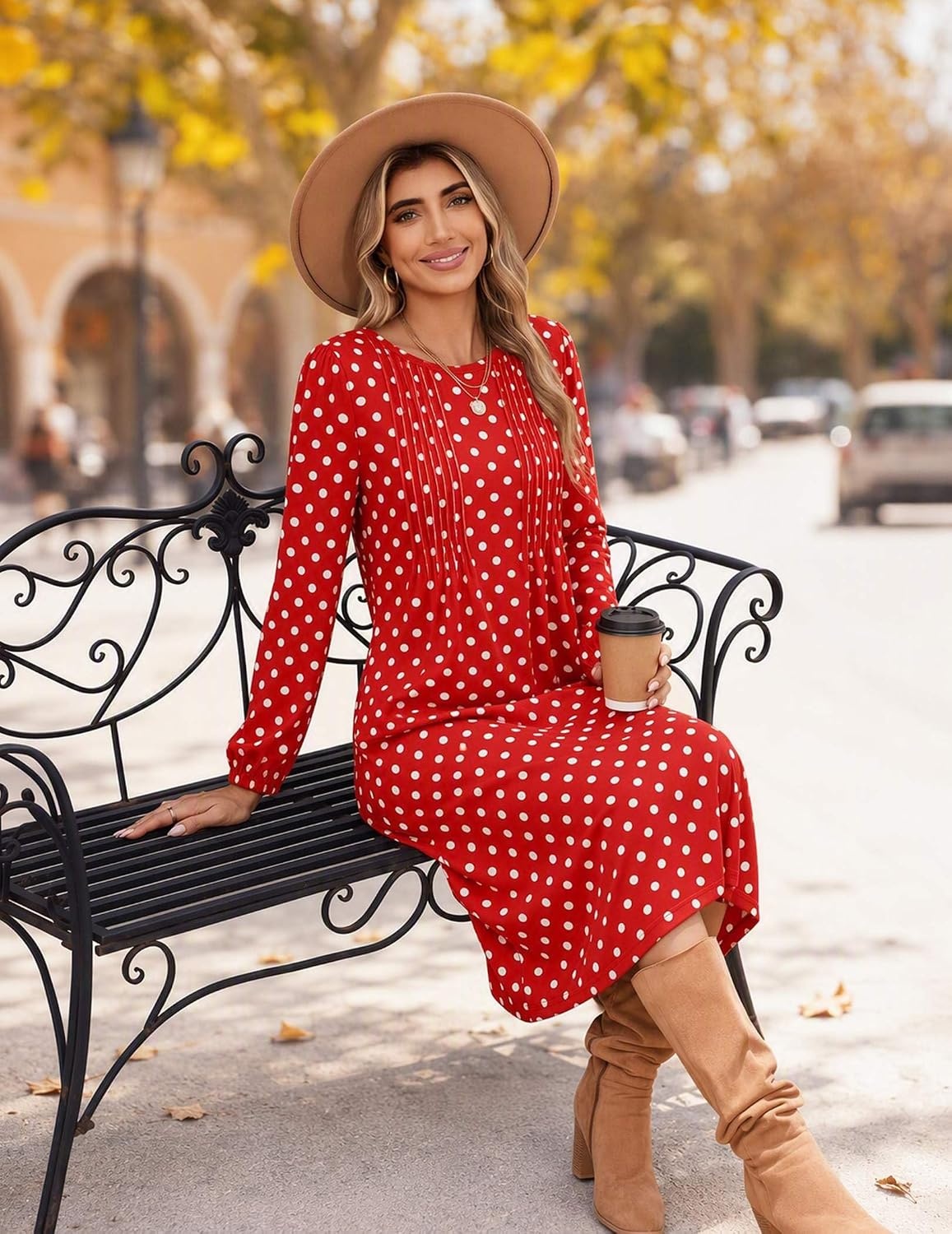 image:imageZeagoo Fall Dresses for Women Long Sleeve Midi Dress Casual A Line Dresses 2026 Pleated Flare Dress with PocketsRed Polka Dot