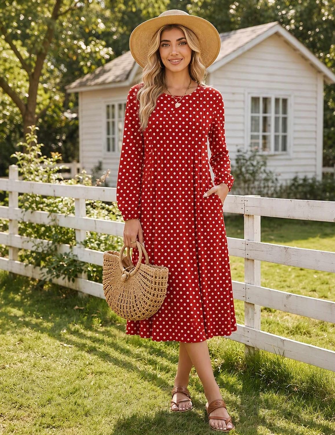 image:imageZeagoo Fall Dresses for Women Long Sleeve Midi Dress Casual A Line Dresses 2026 Pleated Flare Dress with PocketsRed Polka Dot