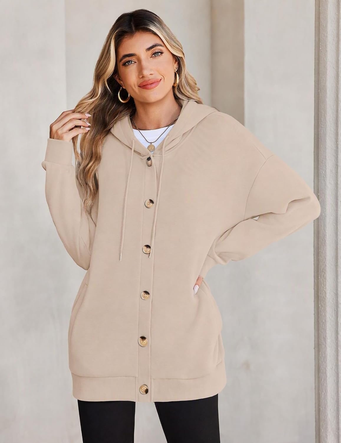 image:imageZeagoo Hoodie for Women Hooded Sweatshirt Button Hoodies With Pockets Comfy Fleece Jackets 2026 Fashion S3XLChampagne