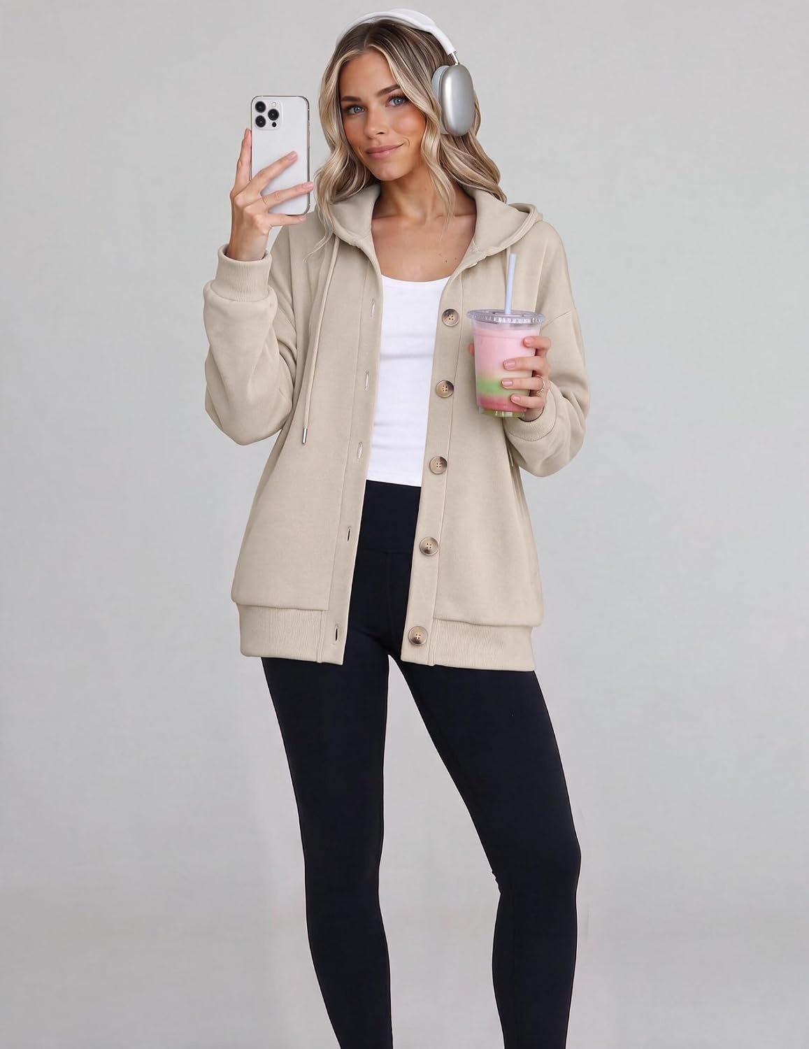 image:imageZeagoo Hoodie for Women Hooded Sweatshirt Button Hoodies With Pockets Comfy Fleece Jackets 2026 Fashion S3XLChampagne