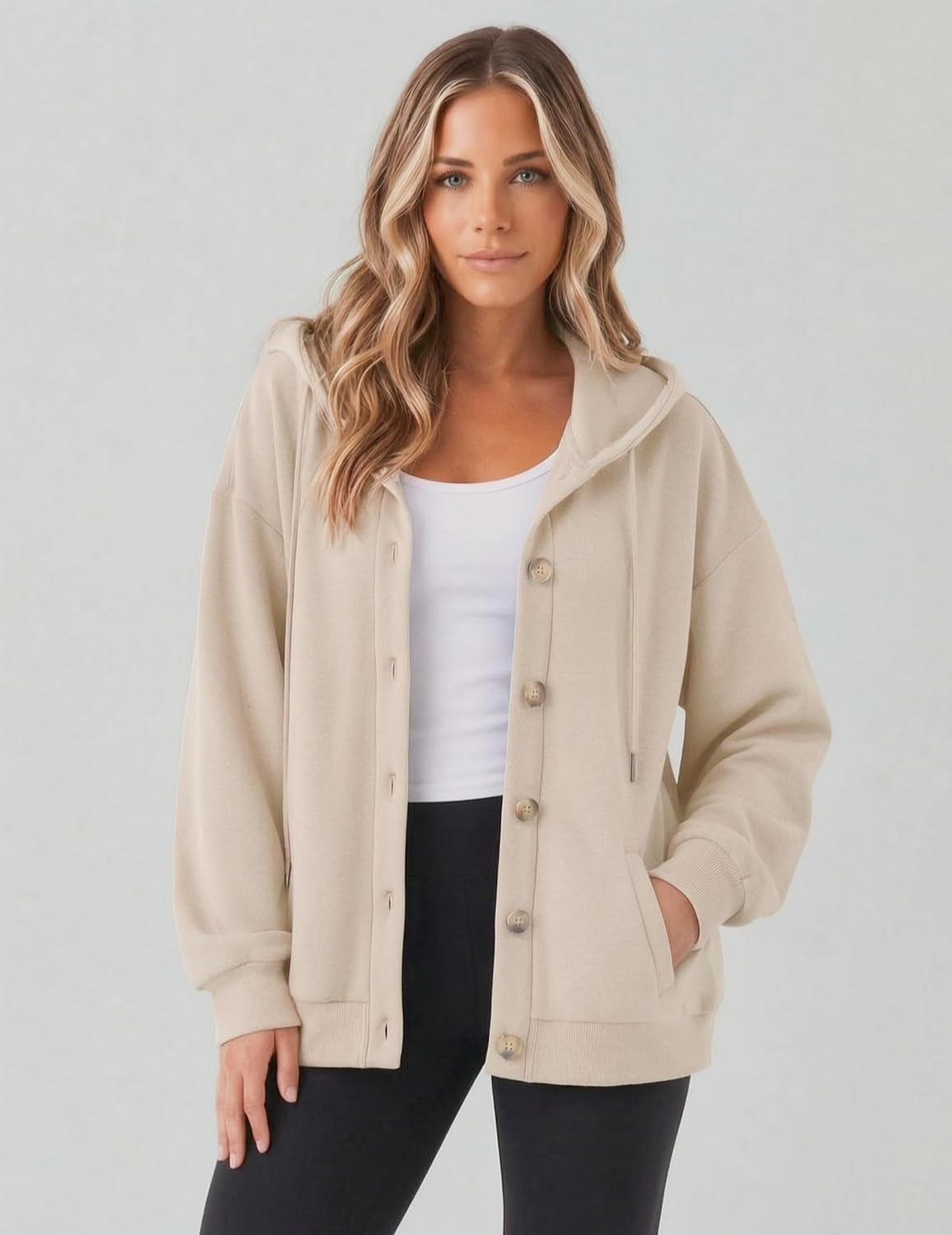 image:imageZeagoo Hoodie for Women Hooded Sweatshirt Button Hoodies With Pockets Comfy Fleece Jackets 2026 Fashion S3XLChampagne