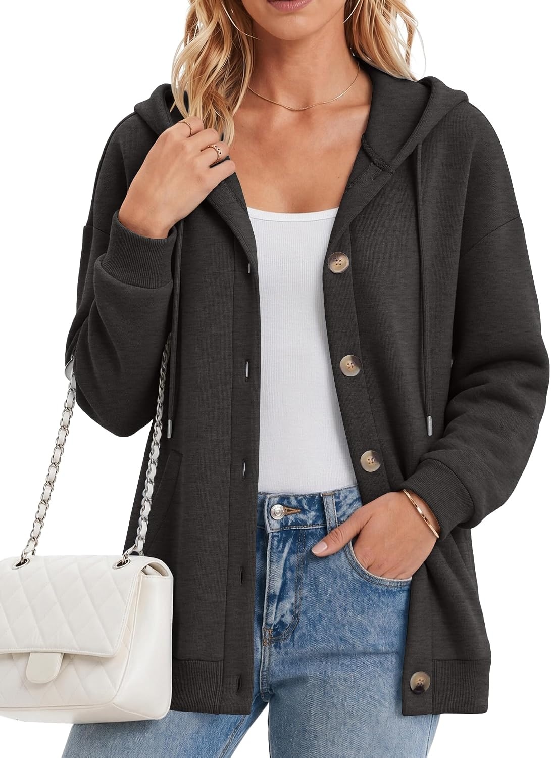 image:imageZeagoo Hoodie for Women Hooded Sweatshirt Button Hoodies With Pockets Comfy Fleece Jackets 2026 Fashion S3XLDark Gray