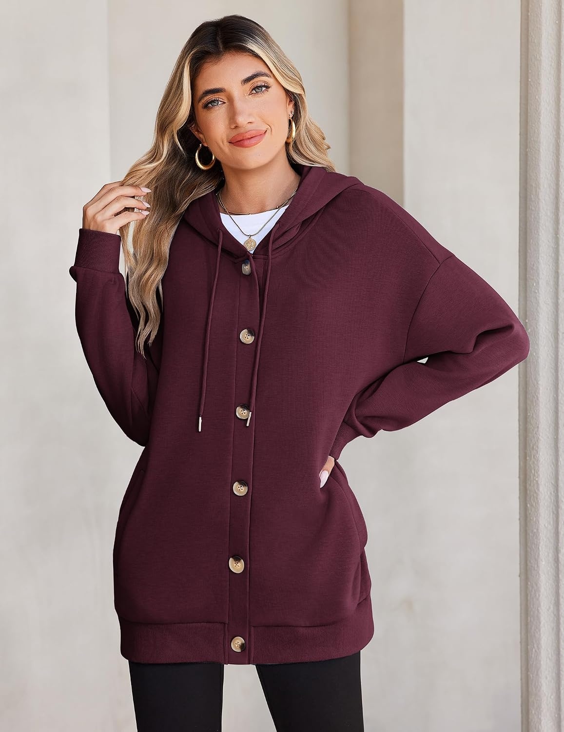 image:imageZeagoo Hoodie for Women Hooded Sweatshirt Button Hoodies With Pockets Comfy Fleece Jackets 2026 Fashion S3XLDark Red