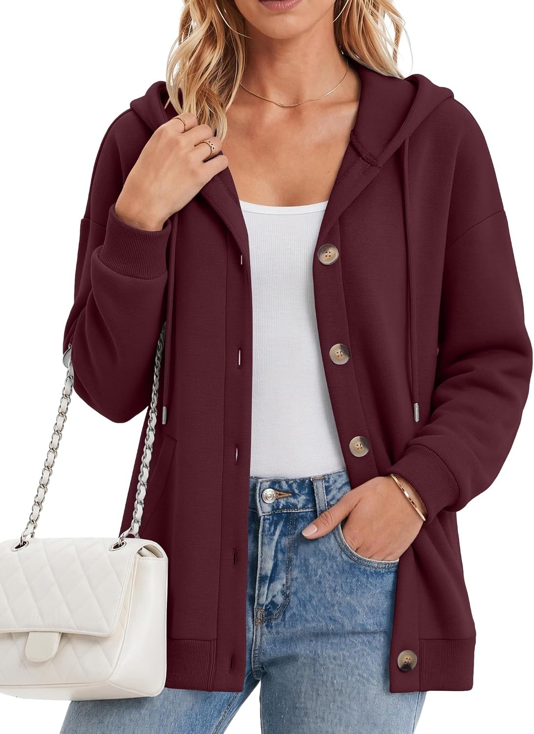 image:imageZeagoo Hoodie for Women Hooded Sweatshirt Button Hoodies With Pockets Comfy Fleece Jackets 2026 Fashion S3XLDark Red