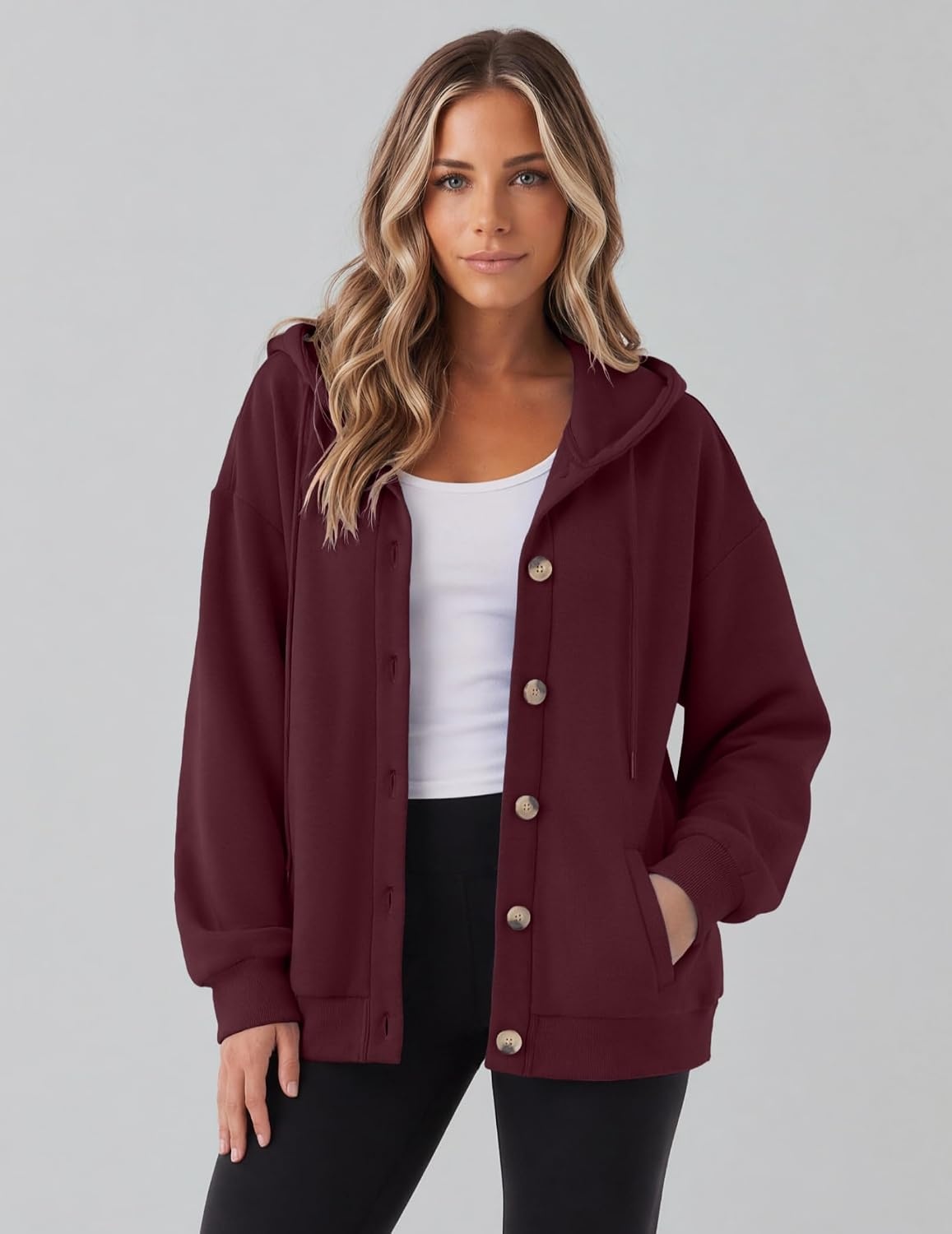 image:imageZeagoo Hoodie for Women Hooded Sweatshirt Button Hoodies With Pockets Comfy Fleece Jackets 2026 Fashion S3XLDark Red