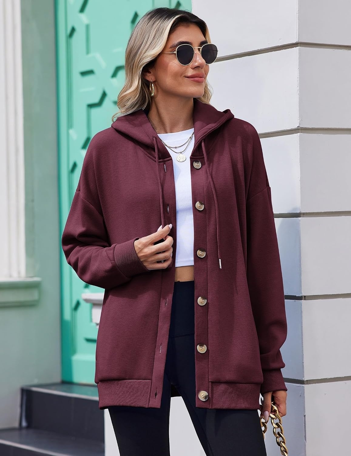 image:imageZeagoo Hoodie for Women Hooded Sweatshirt Button Hoodies With Pockets Comfy Fleece Jackets 2026 Fashion S3XLDark Red
