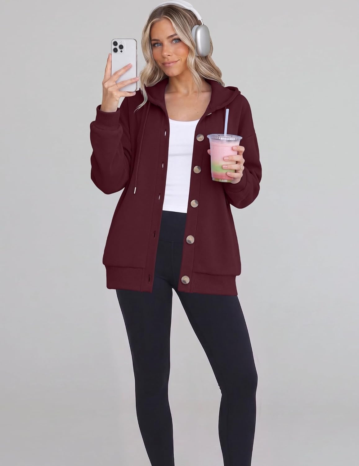 image:imageZeagoo Hoodie for Women Hooded Sweatshirt Button Hoodies With Pockets Comfy Fleece Jackets 2026 Fashion S3XLDark Red