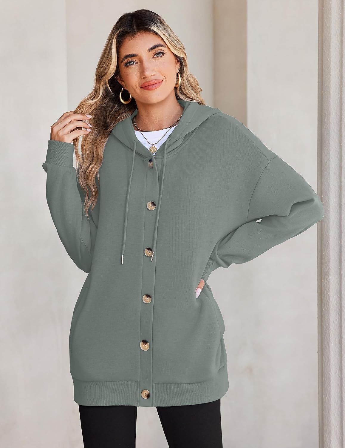 image:imageZeagoo Hoodie for Women Hooded Sweatshirt Button Hoodies With Pockets Comfy Fleece Jackets 2026 Fashion S3XLGraygreen