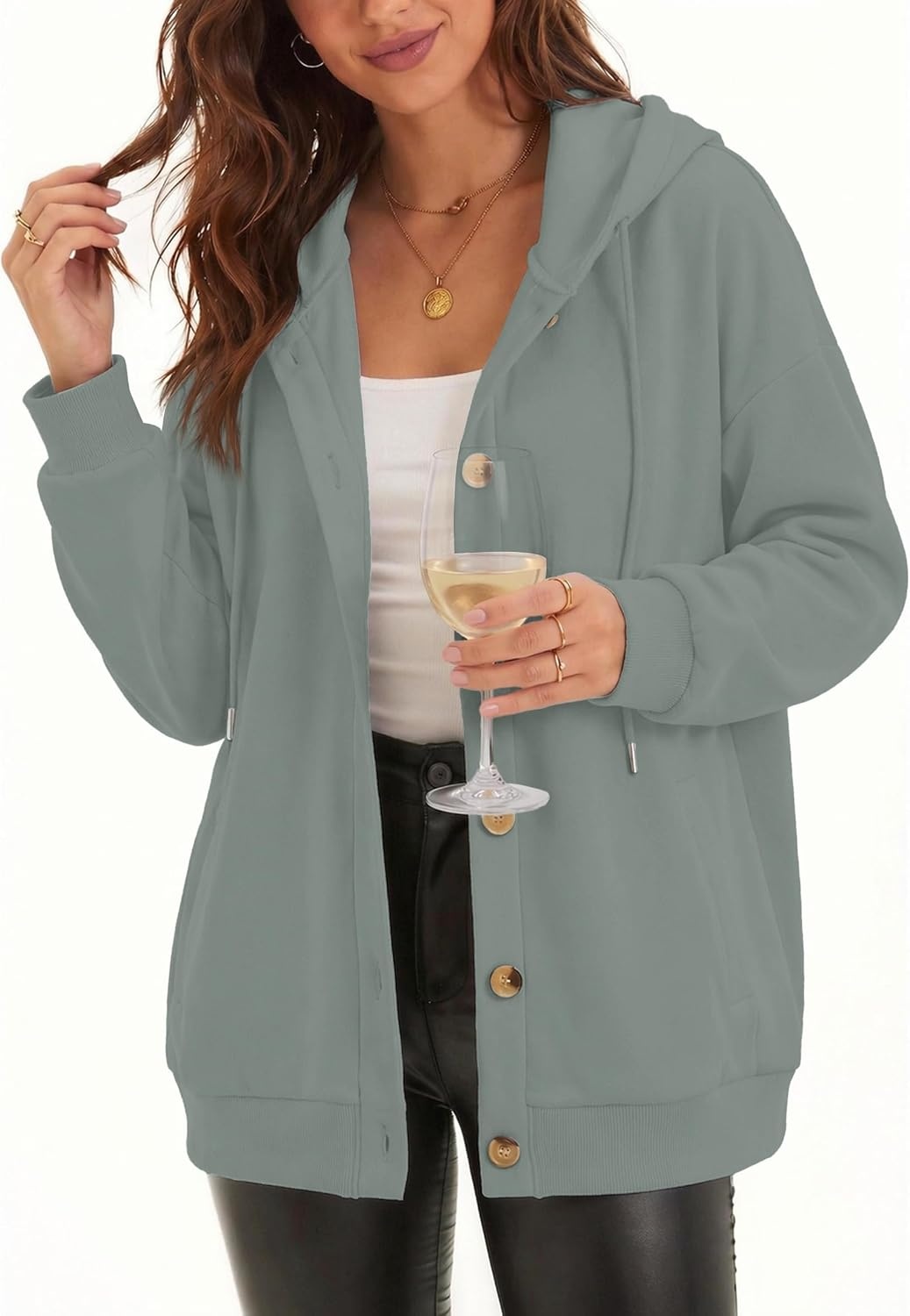image:imageZeagoo Hoodie for Women Hooded Sweatshirt Button Hoodies With Pockets Comfy Fleece Jackets 2026 Fashion S3XLGraygreen