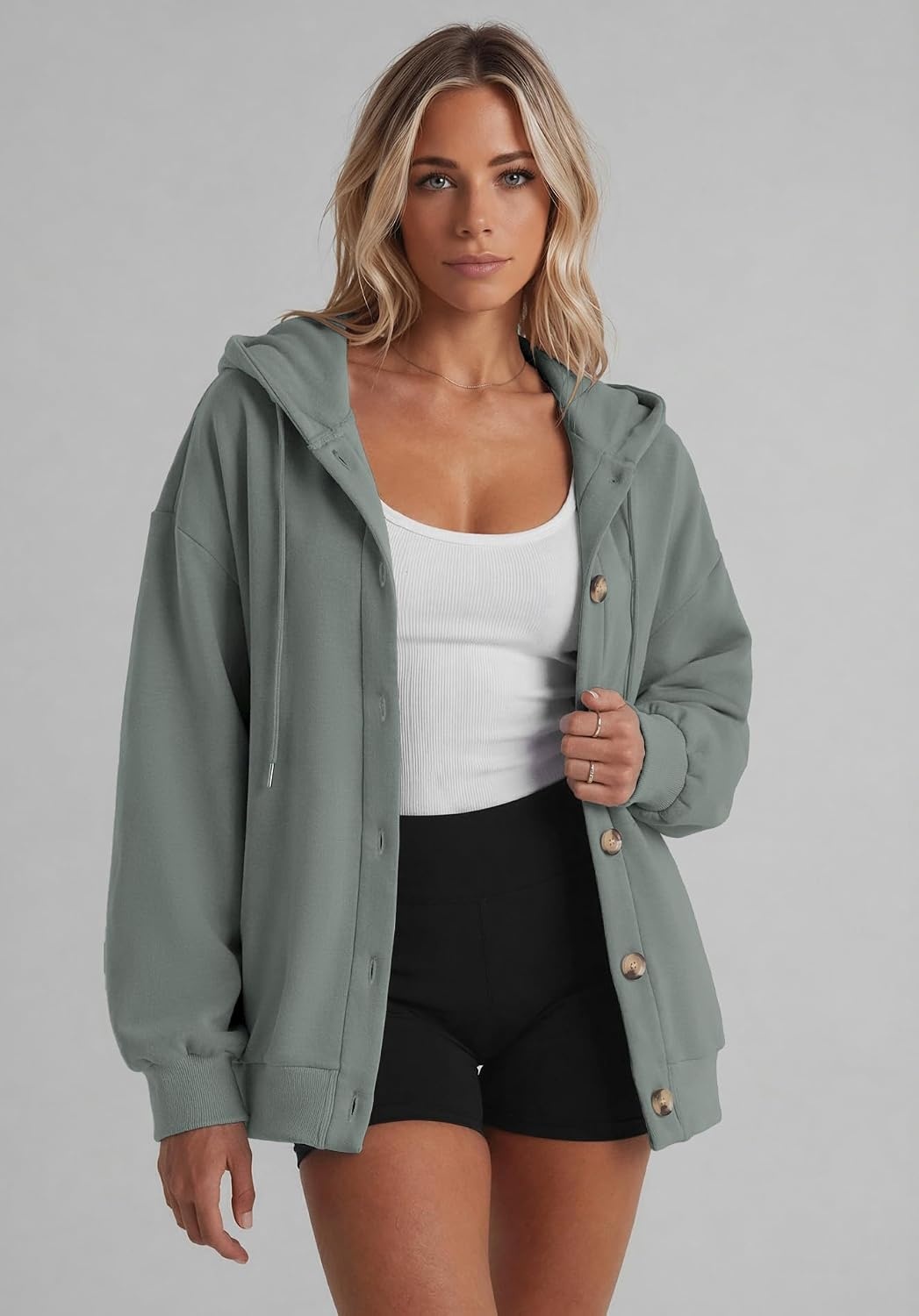 image:imageZeagoo Hoodie for Women Hooded Sweatshirt Button Hoodies With Pockets Comfy Fleece Jackets 2026 Fashion S3XLGraygreen