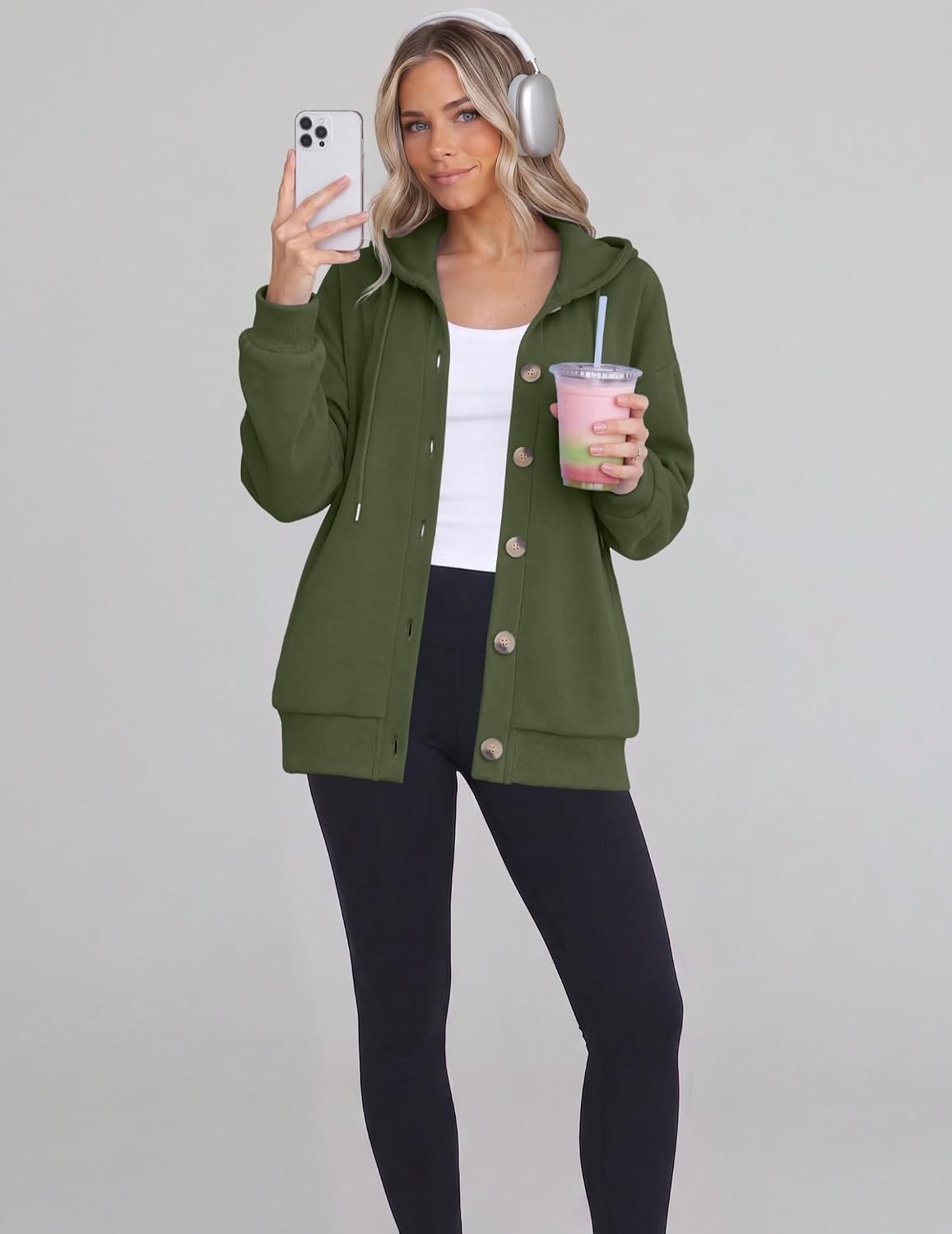 image:imageZeagoo Hoodie for Women Hooded Sweatshirt Button Hoodies With Pockets Comfy Fleece Jackets 2026 Fashion S3XLGreen