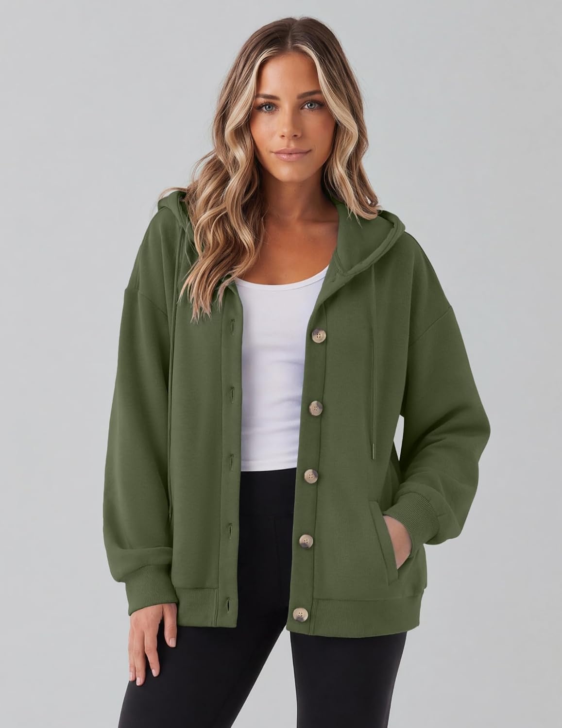 image:imageZeagoo Hoodie for Women Hooded Sweatshirt Button Hoodies With Pockets Comfy Fleece Jackets 2026 Fashion S3XLGreen