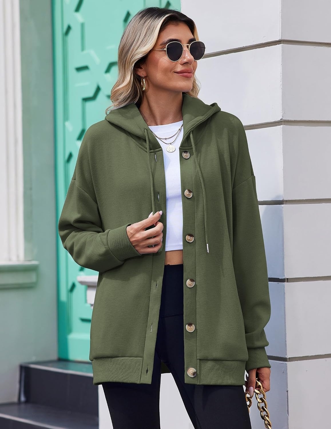 image:imageZeagoo Hoodie for Women Hooded Sweatshirt Button Hoodies With Pockets Comfy Fleece Jackets 2026 Fashion S3XLGreen