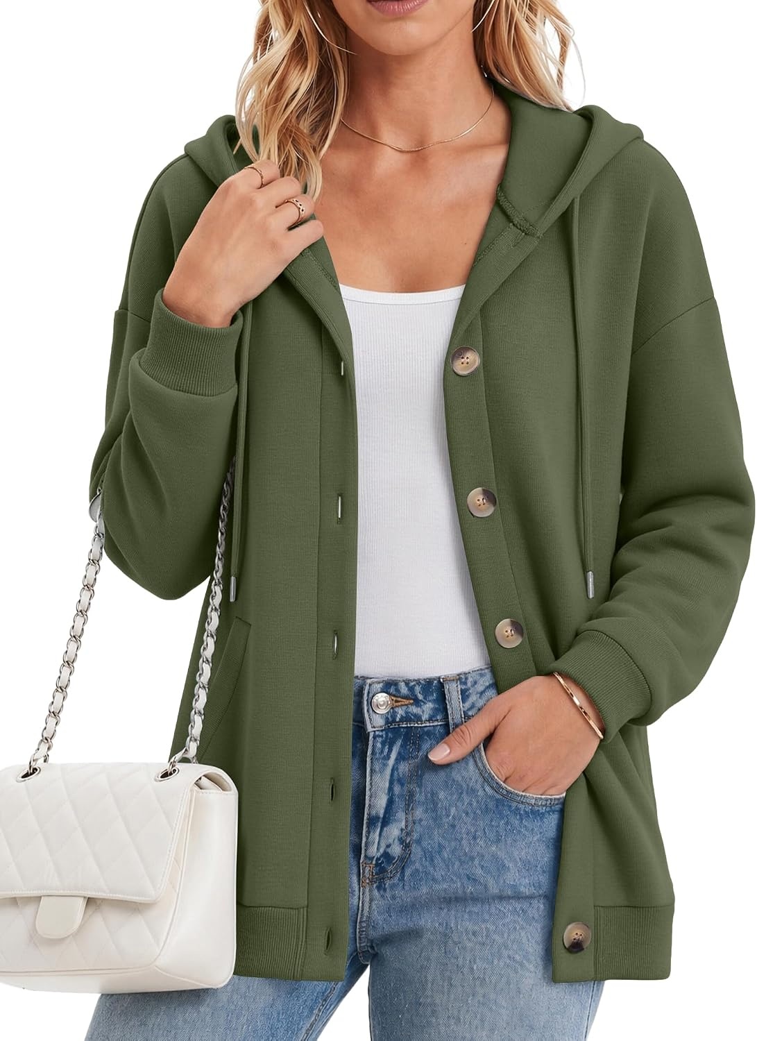 image:imageZeagoo Hoodie for Women Hooded Sweatshirt Button Hoodies With Pockets Comfy Fleece Jackets 2026 Fashion S3XLGreen
