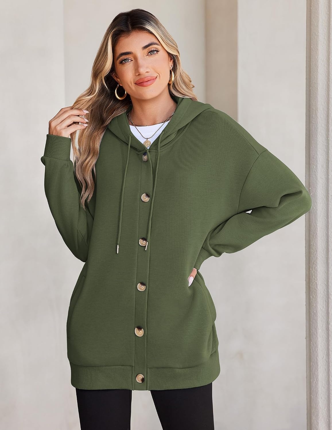 image:imageZeagoo Hoodie for Women Hooded Sweatshirt Button Hoodies With Pockets Comfy Fleece Jackets 2026 Fashion S3XLGreen