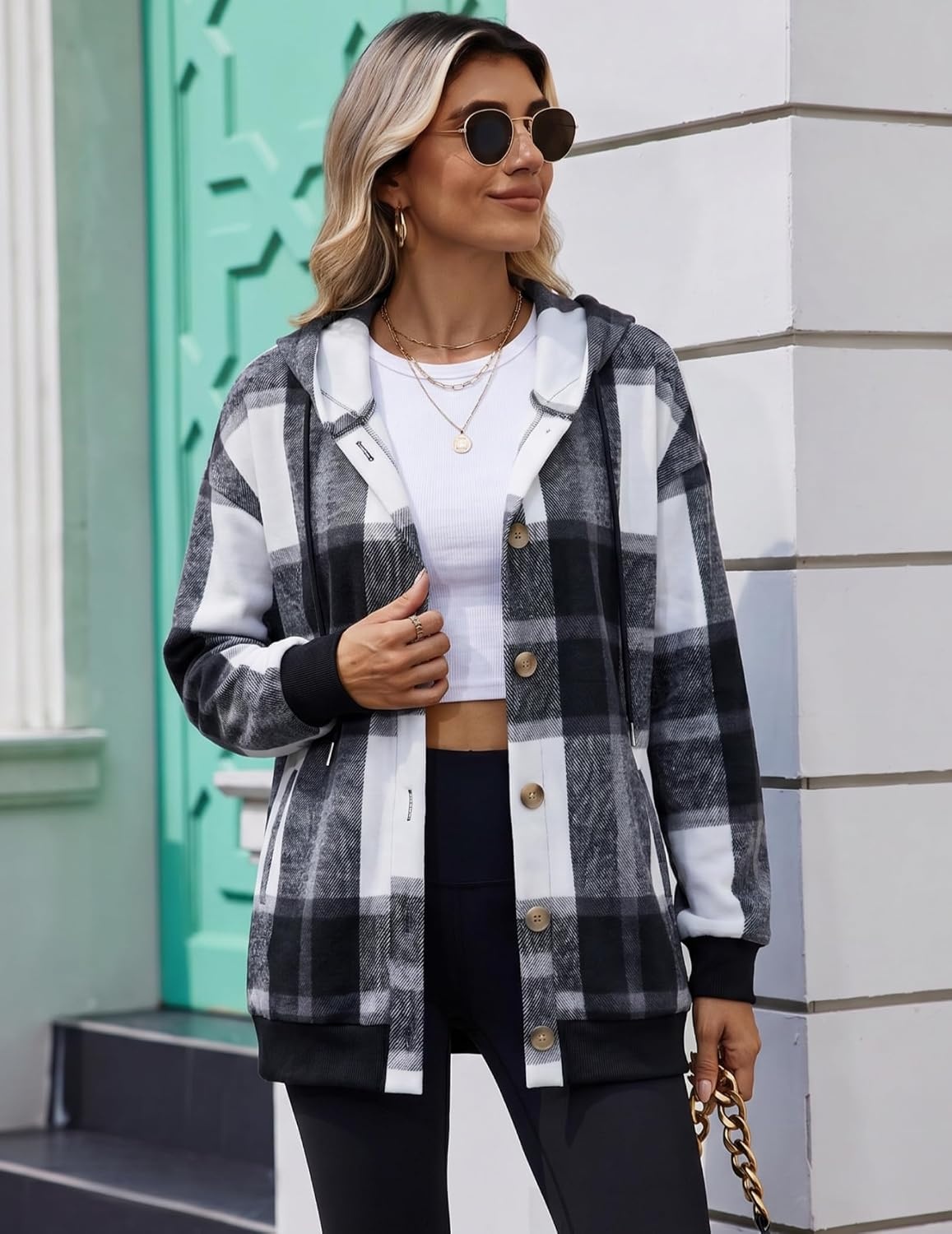 image:imageZeagoo Hoodie for Women Hooded Sweatshirt Button Hoodies With Pockets Comfy Fleece Jackets 2026 Fashion S3XLGrey Black Plaid