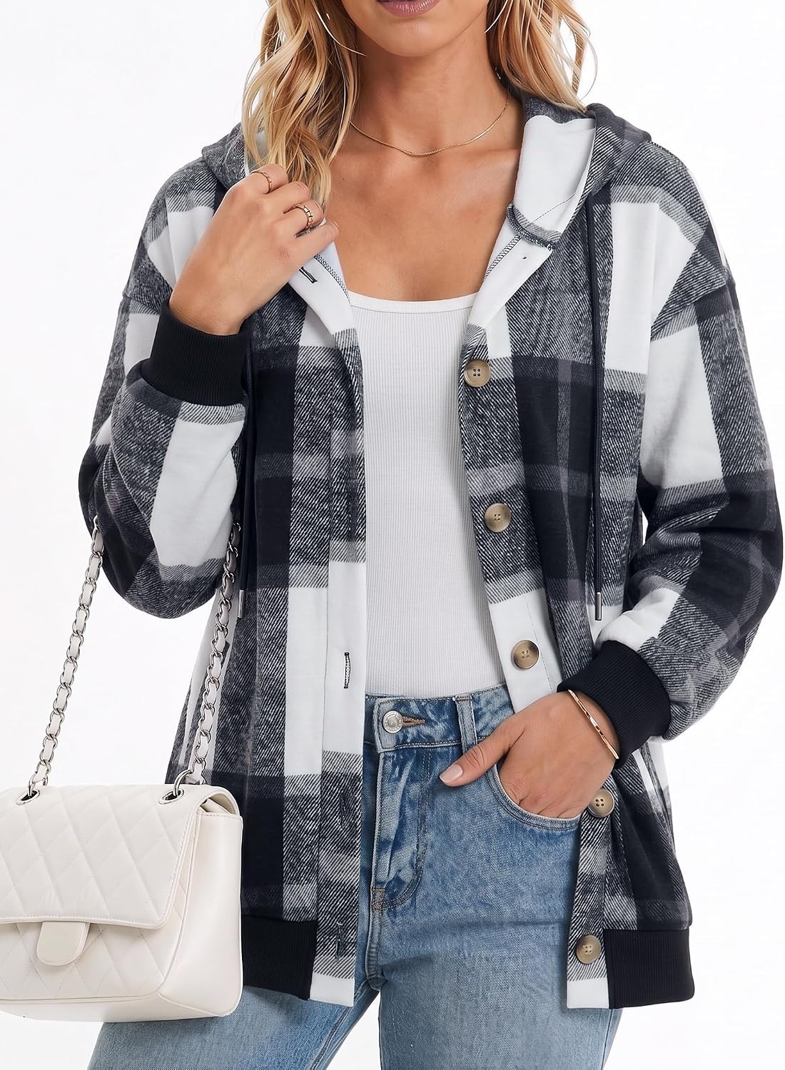 image:imageZeagoo Hoodie for Women Hooded Sweatshirt Button Hoodies With Pockets Comfy Fleece Jackets 2026 Fashion S3XLGrey Black Plaid